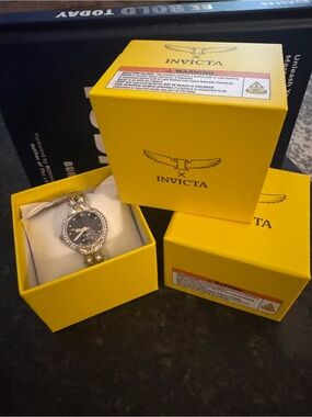 Invicta Gold Tone Bracelet Watch with Black Dial and Butterfly Crystal Accents